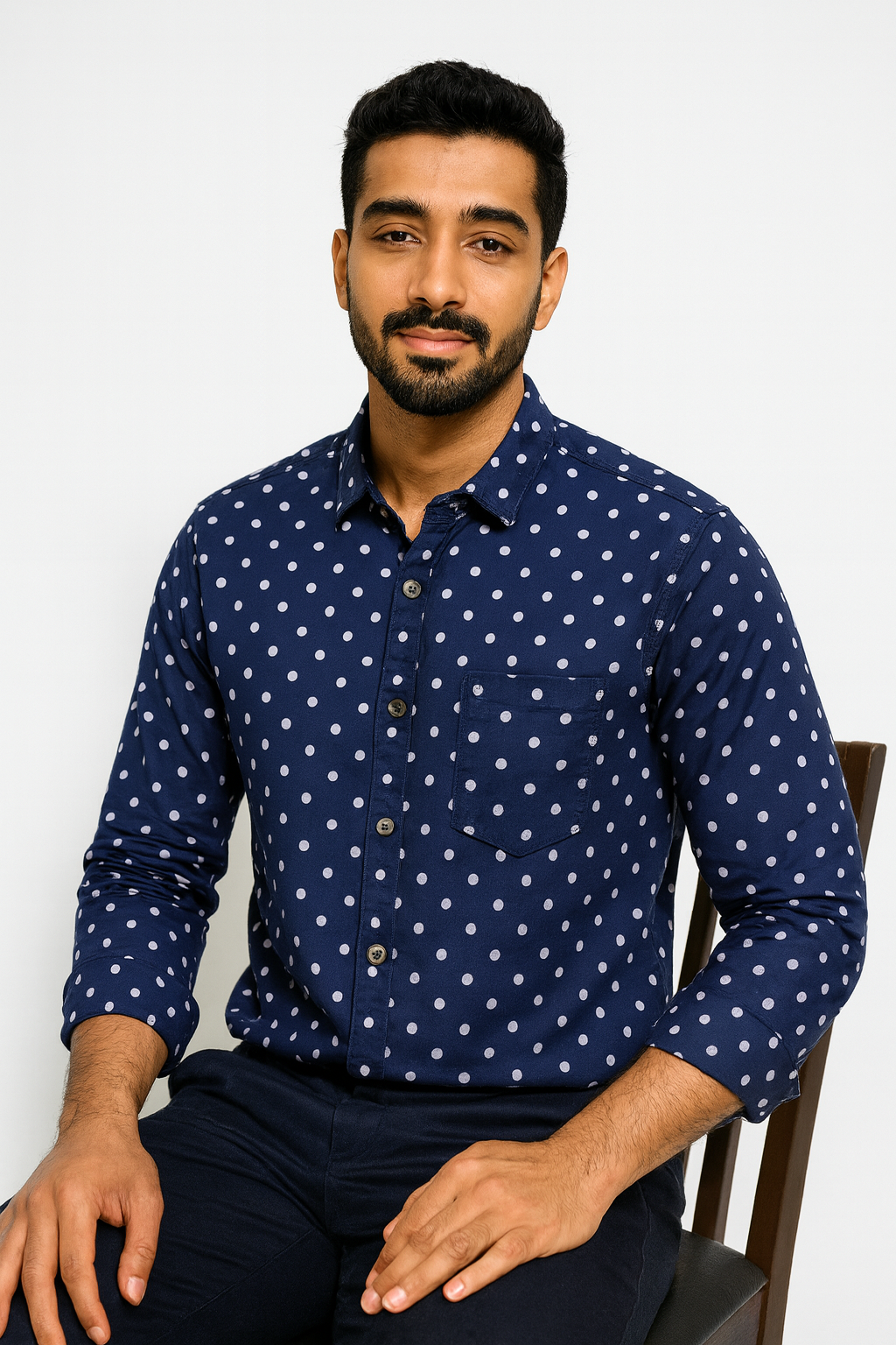 Navy Blue Polka Dot Shirt – Modern Slim Fit
