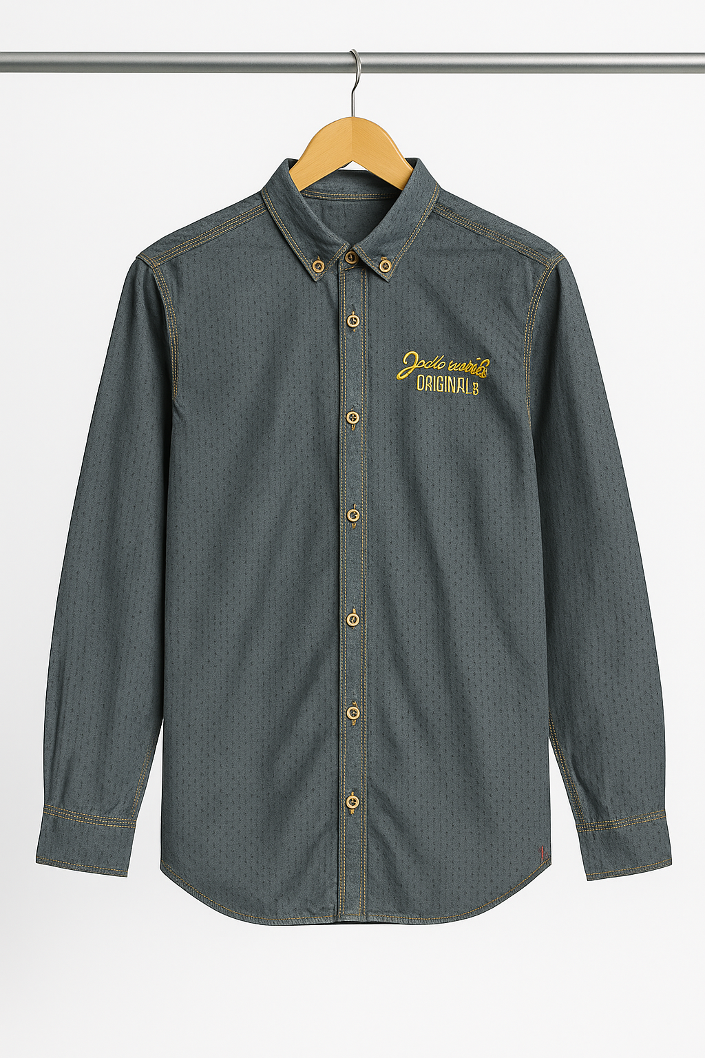 Denim-Style Full Sleeve Casual Shirt – Dark Grey with Yellow Embroidery