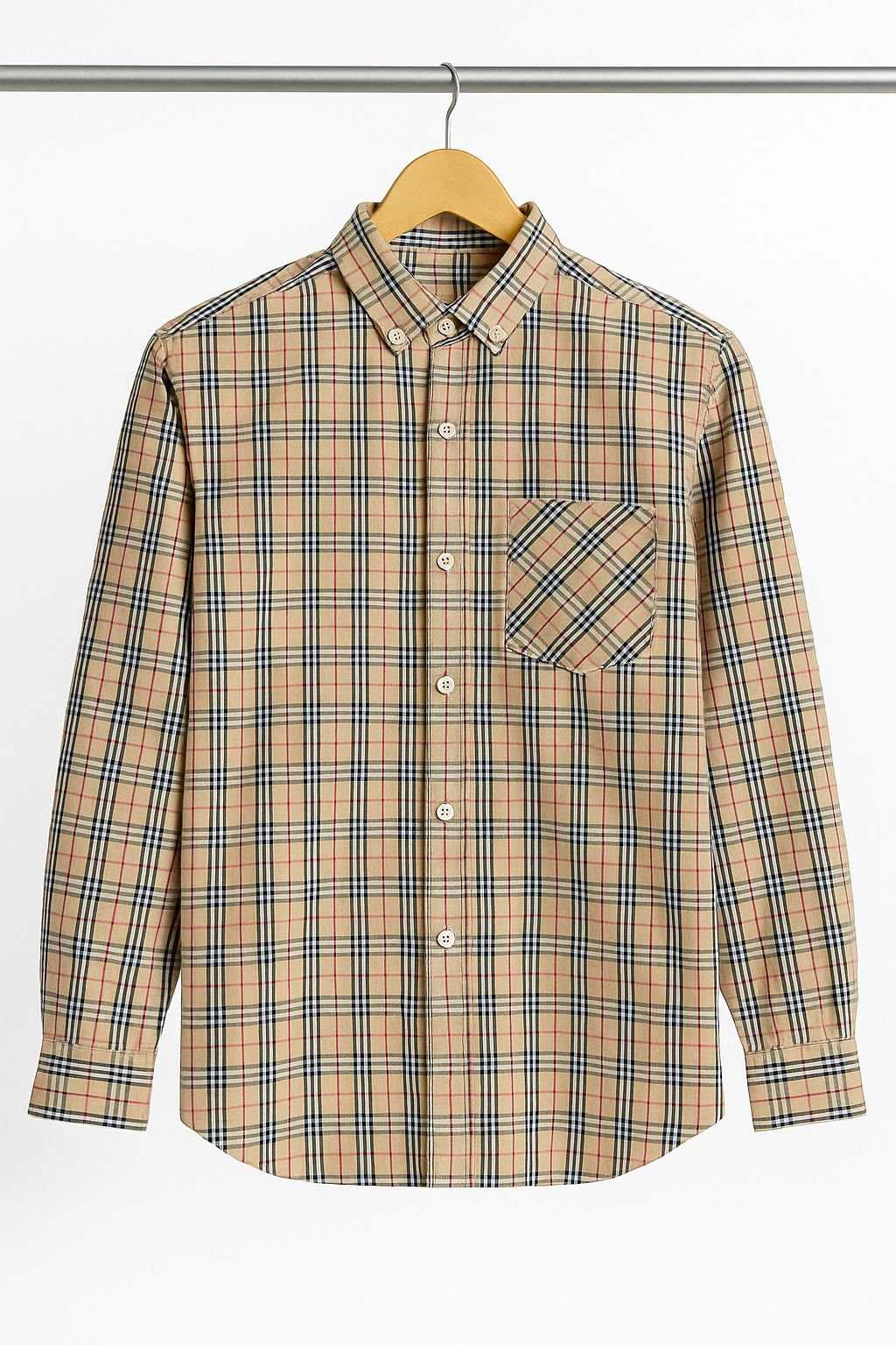 Beige Checkered Button-Up Shirt