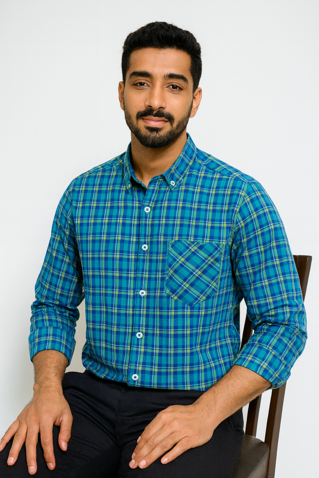 Blue & Green Checked Casual Shirt – Premium Cotton