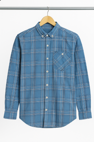 Blue Plaid Button-Up Shirt – Casual Long Sleeve